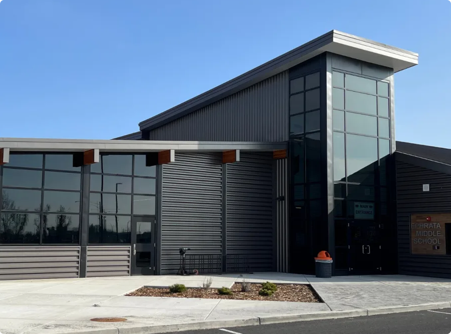 front of modern looking building
