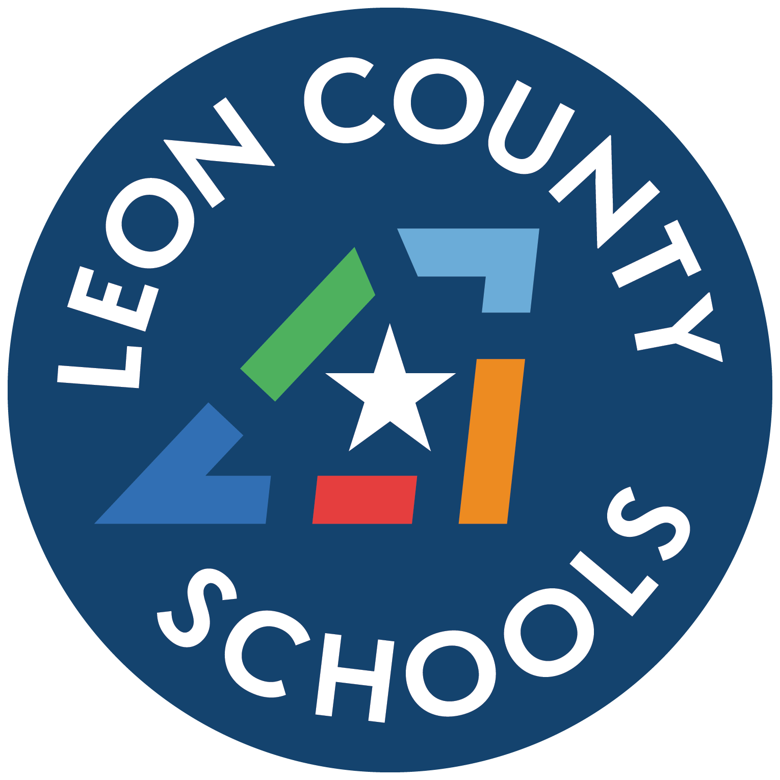 The Leon County Schools logo features a blue circle with text and colorful shapes.
