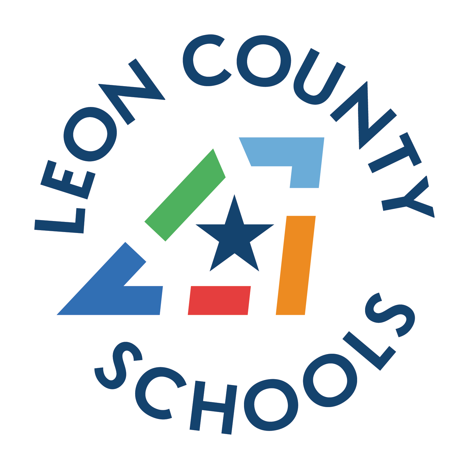 The Leon County Schools logo features a star and colorful geometric shapes.