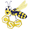 A cartoon bee with a friendly expression holds a honeycomb.