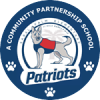 A circular school logo features a dog wearing a vest, with text reading 'Patriots'.