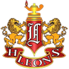 A heraldic crest featuring two golden lions flanking a central shield.