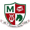 A school crest featuring a green 'M' and various symbols on a shield.