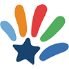 A colorful handprint design with a blue star in the center.