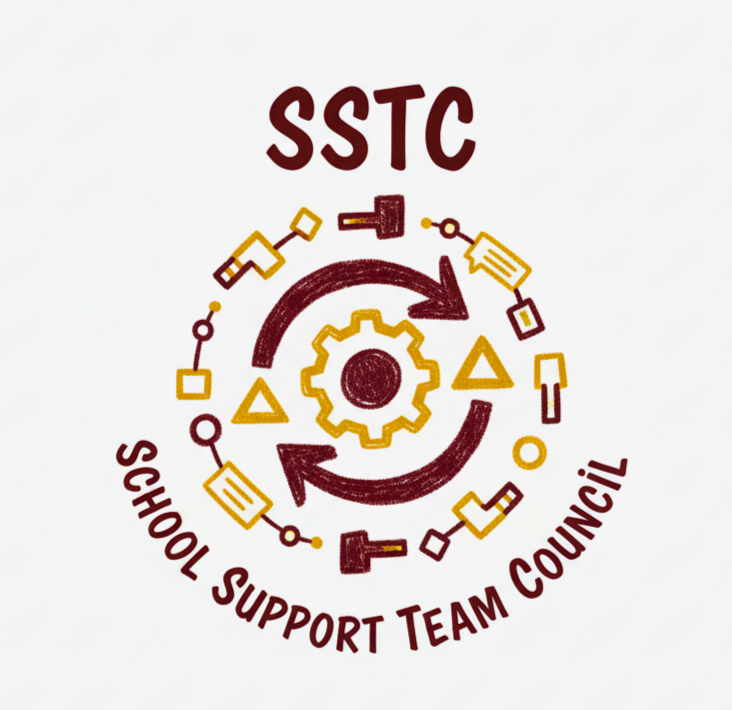 The SSTC logo features a gear surrounded by arrows and tools, with the text 'School Support Team Council'.
