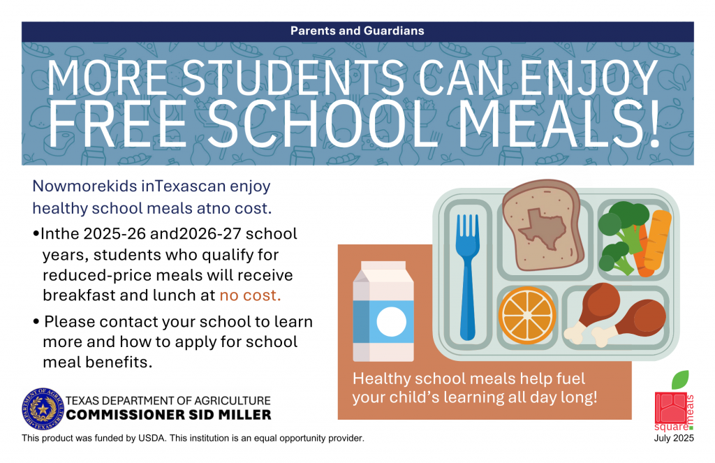 Poster announces free school meals for more students.