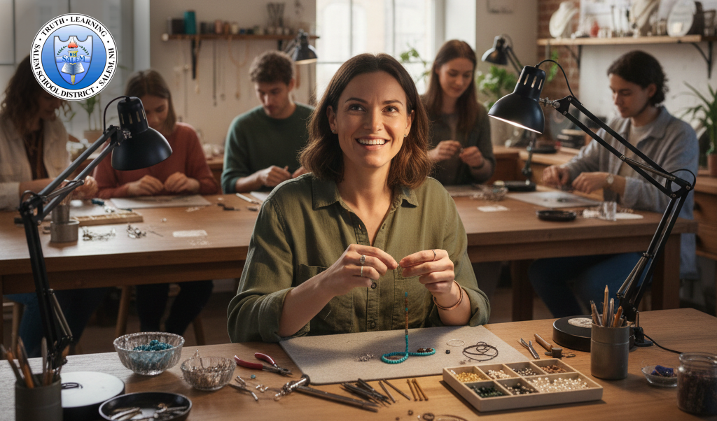 A woman smiles at the camera while crafting jewelry at a workbench, with other students working in the background.