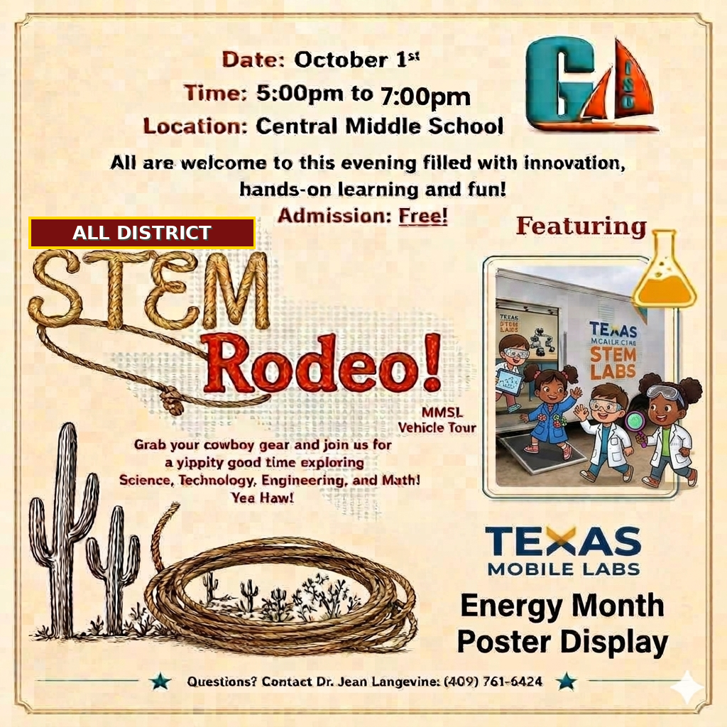An event flyer for the All District STEM Rodeo on October 1st from 5:00 pm to 7:00 pm at Central Middle School.