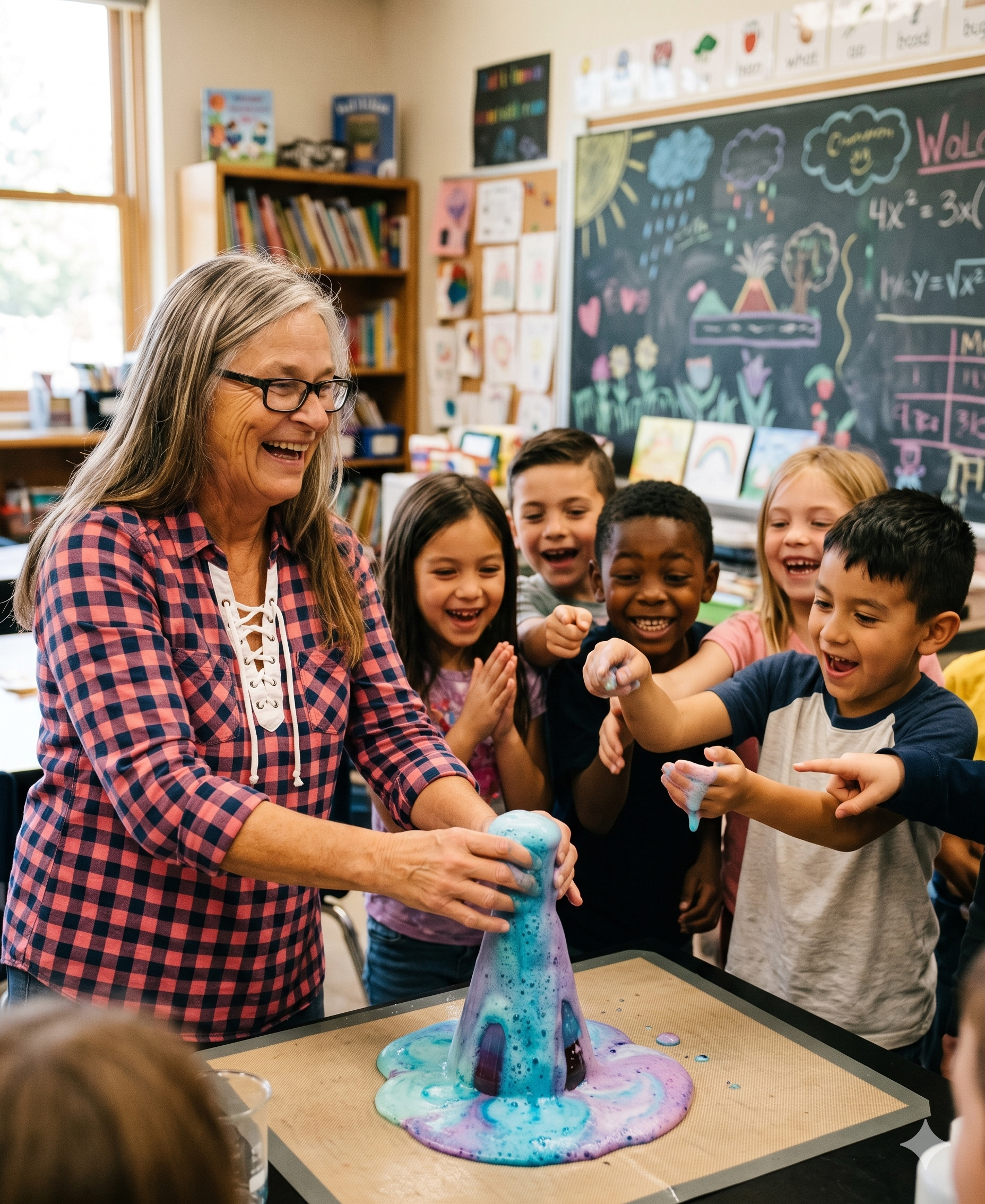 A teacher and students observe a colorful science experiment in a classroom.