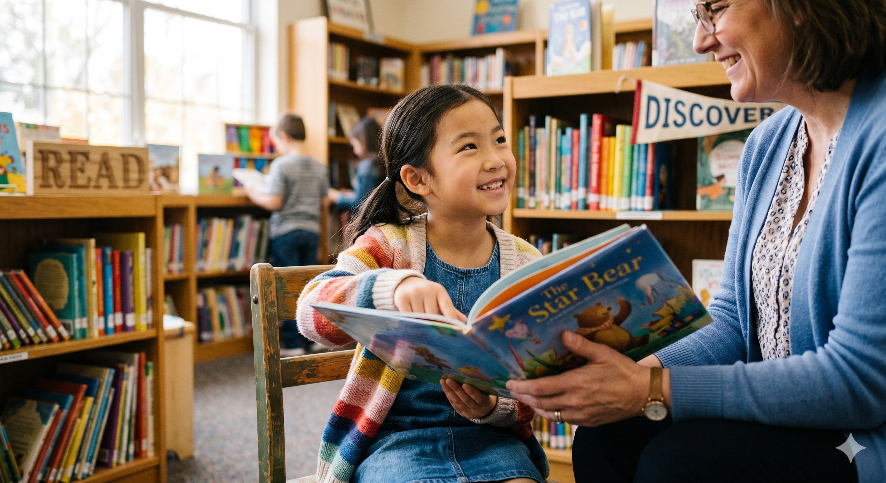 A young girl smiles while reading a book with an adult in a library.