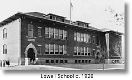 A vintage black and white photo of Lowell School, circa 1926.
