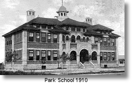 A vintage black and white photo of Park School, dated 1910.