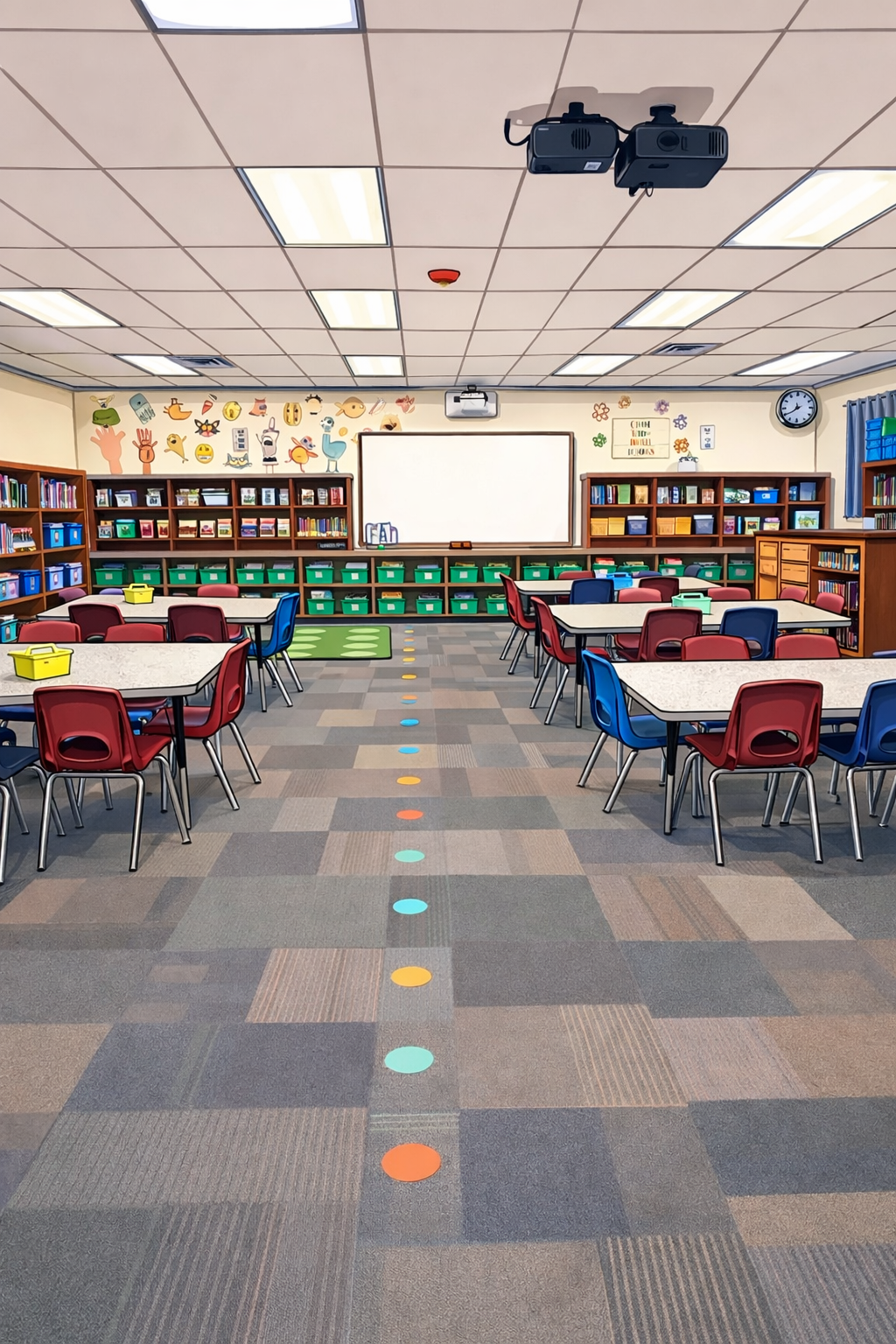 An empty classroom with desks, bookshelves, and a whiteboard, ready for students.
