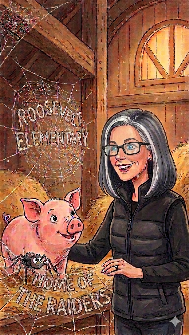 A woman smiles next to a pig and a spider in a barn setting.