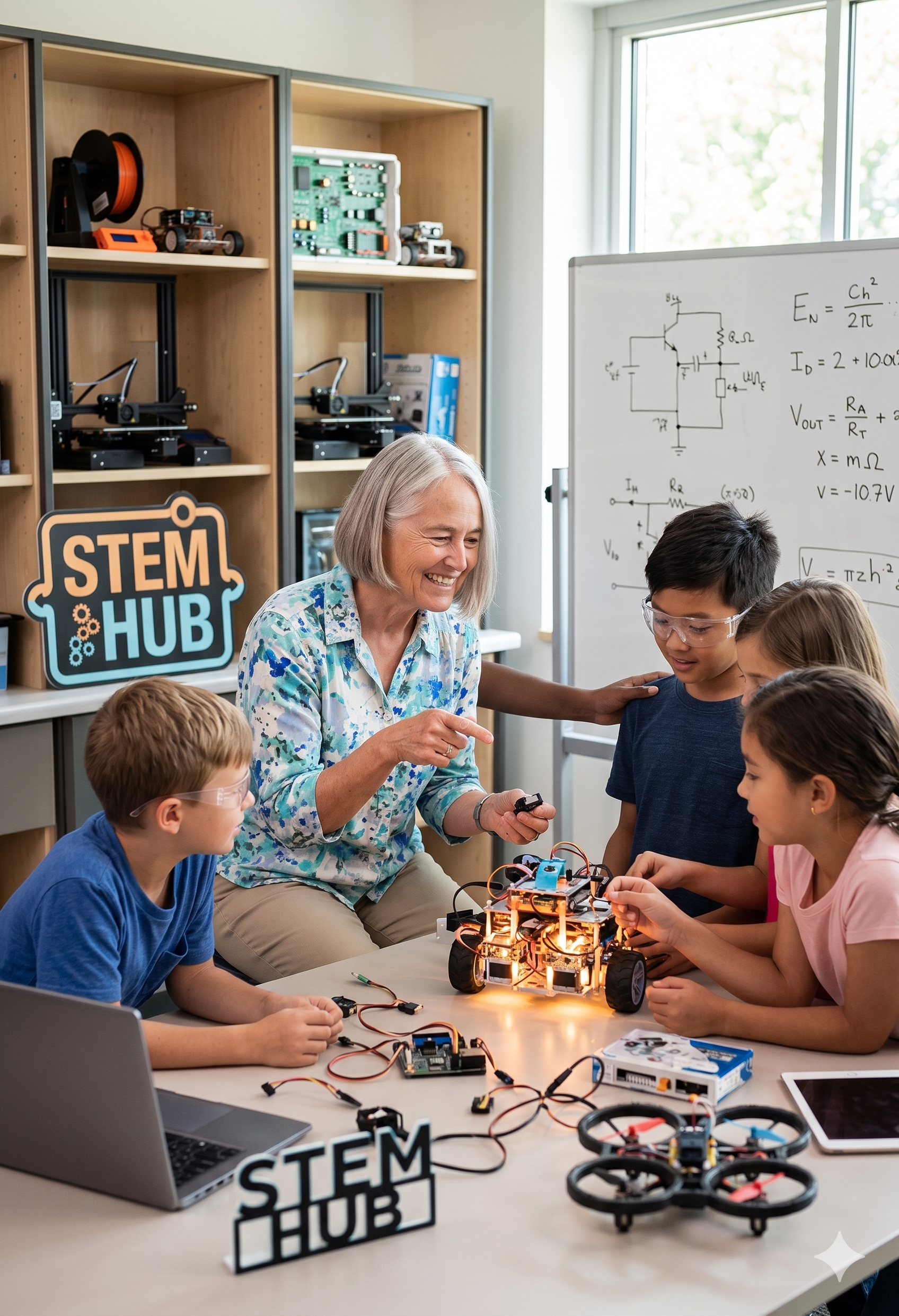 A teacher guides students as they work on a robotics project in a STEM lab.