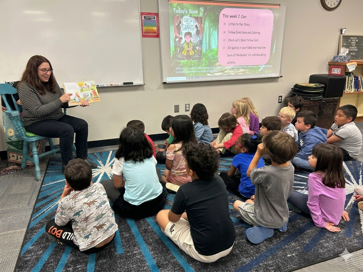 A teacher reads a book to a group of children in a classroom setting.