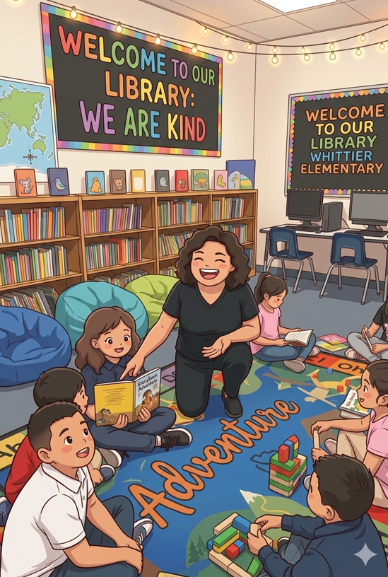 A librarian smiles while reading to a group of children in a colorful library.