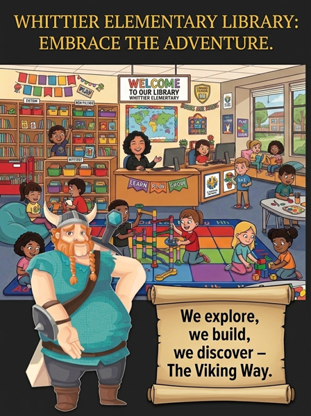 Illustration of a vibrant elementary school library with children and a librarian.