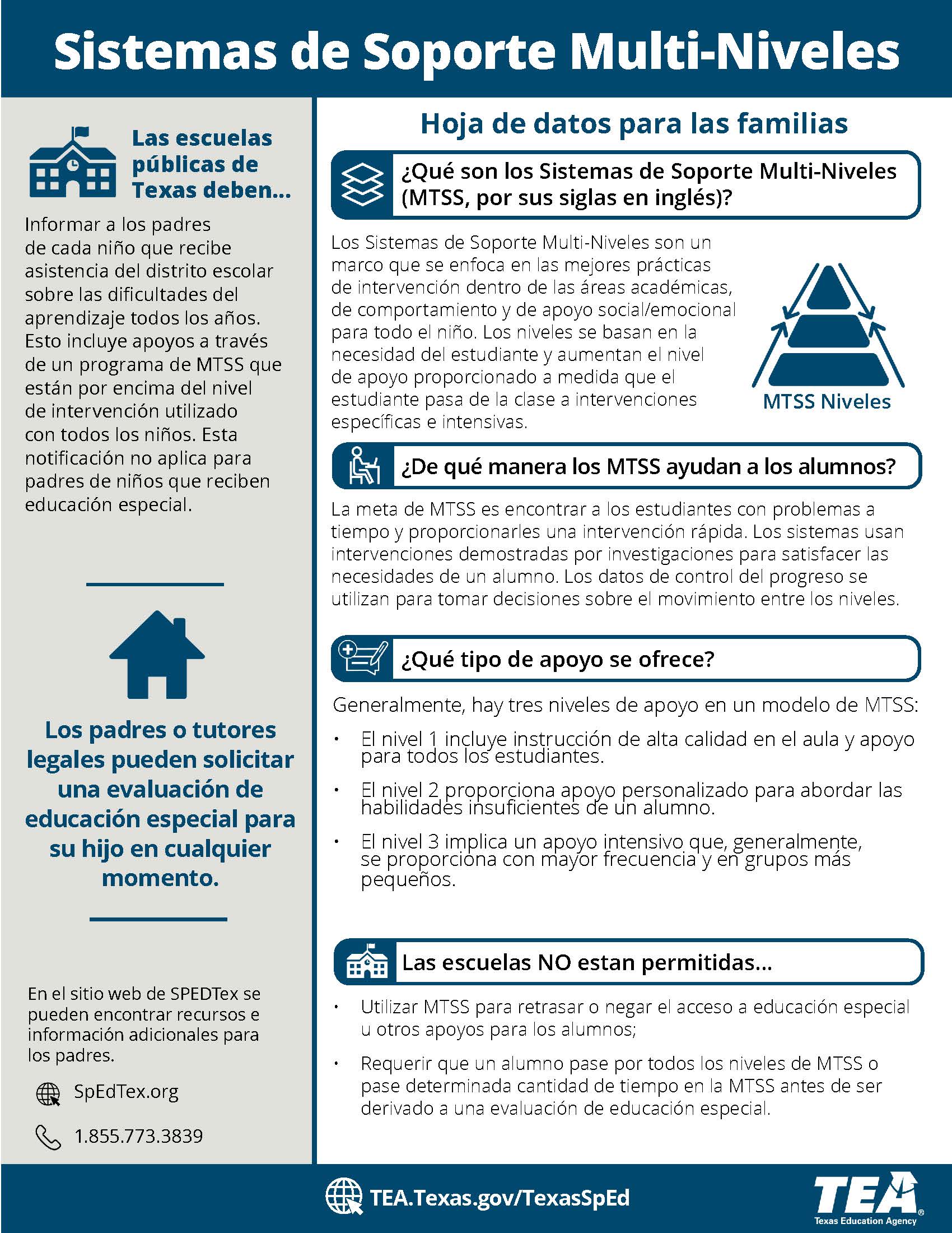 An informational flyer in Spanish titled 'Sistemas de Soporte Multi-Niveles' explains MTSS for families.