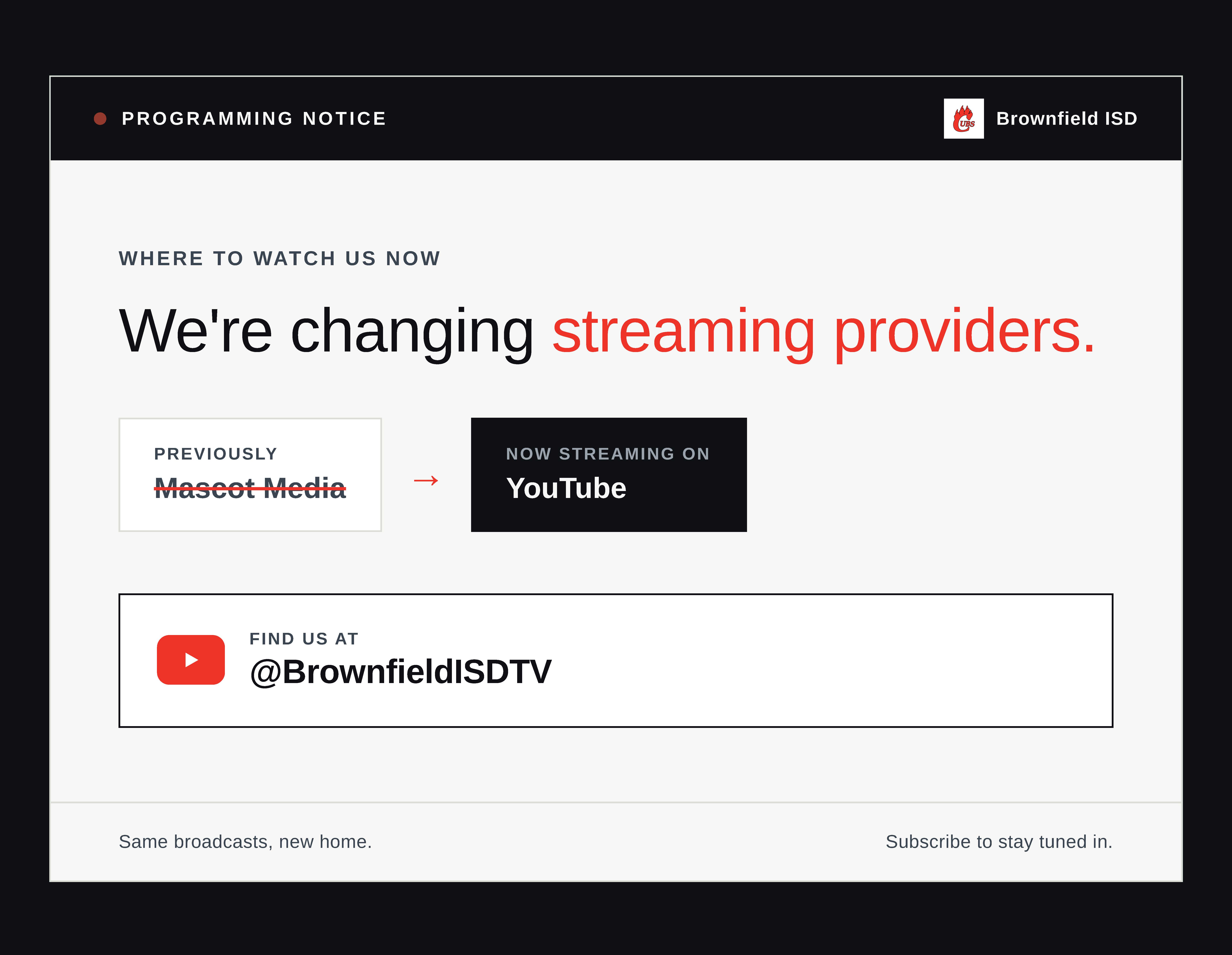 A website screen displays a message: 'We're changing streaming providers.'