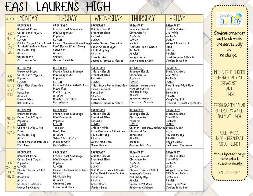 East Laurens High School weekly lunch menu with daily meal options.