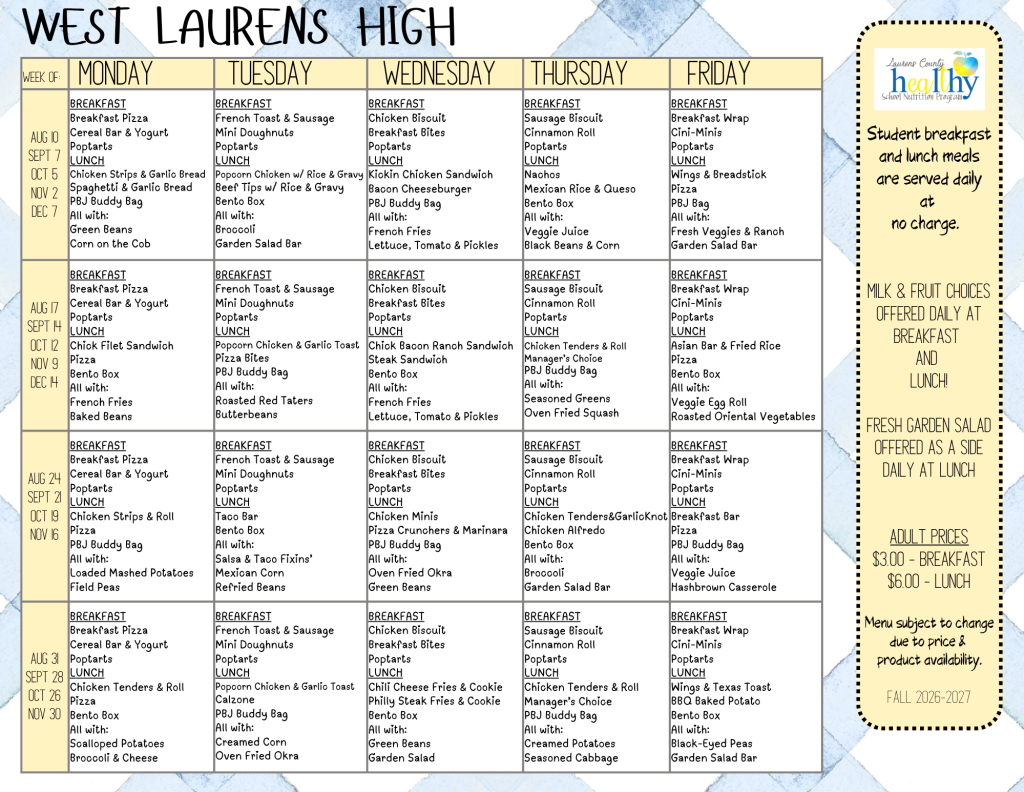 West Laurens High School weekly lunch menu with daily breakfast and lunch options.