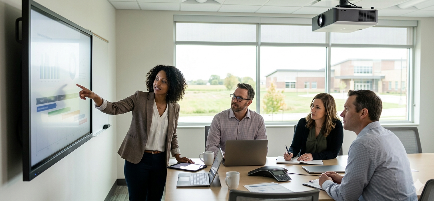A woman presents data on a screen to a group in a modern office setting.