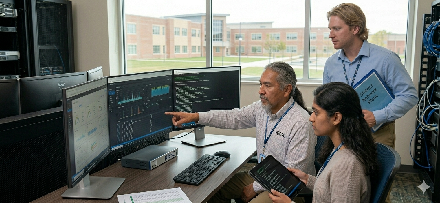 Three colleagues collaborate, analyzing data on computer screens in an office.