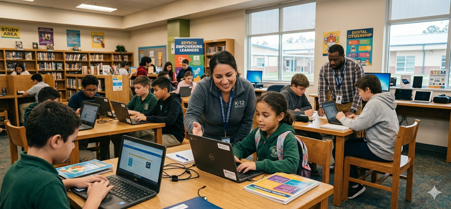 Students and teachers work on laptops in a bright classroom setting.