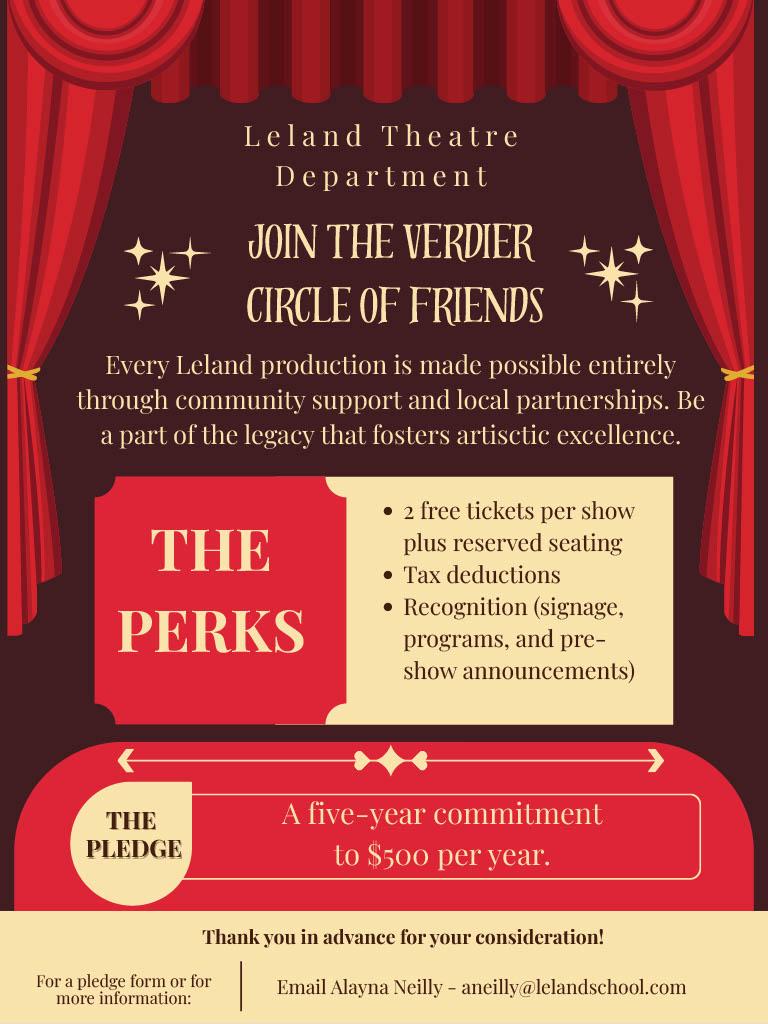 A theatrical promotional poster invites support for the Leland Theatre Department, framed by red stage curtains.