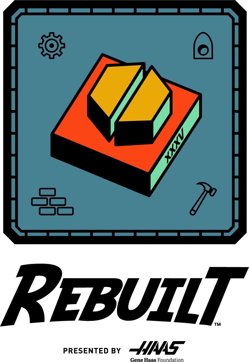 A logo for 'Rebuilt' featuring a stylized construction scene with tools and a building block.