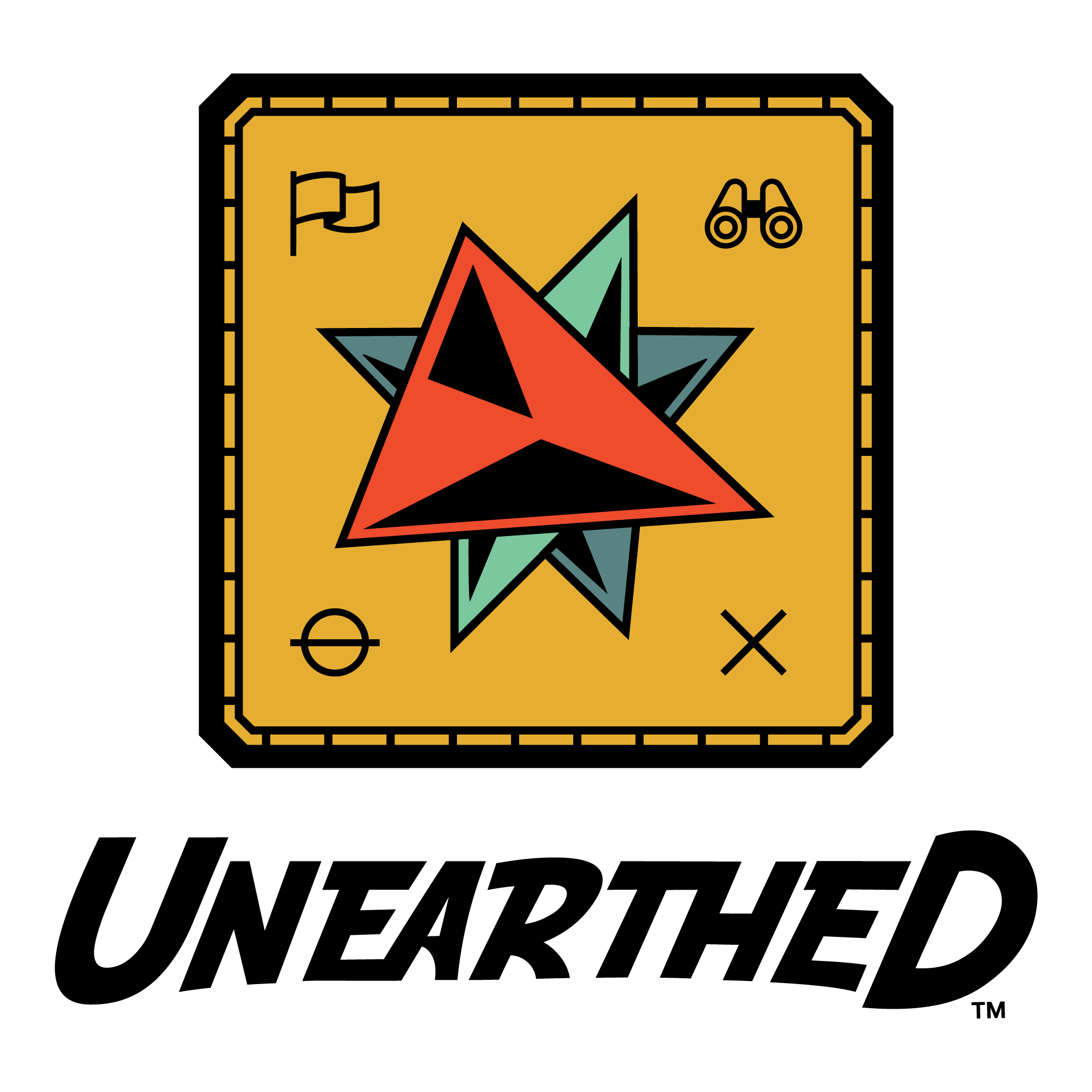 The 'Unearthed' logo features a geometric design with a star and a red triangle.