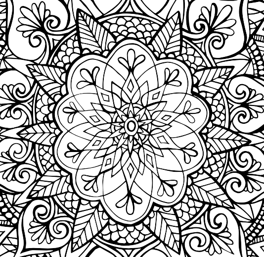 A black and white, circular mandala design featuring intricate floral and geometric patterns.