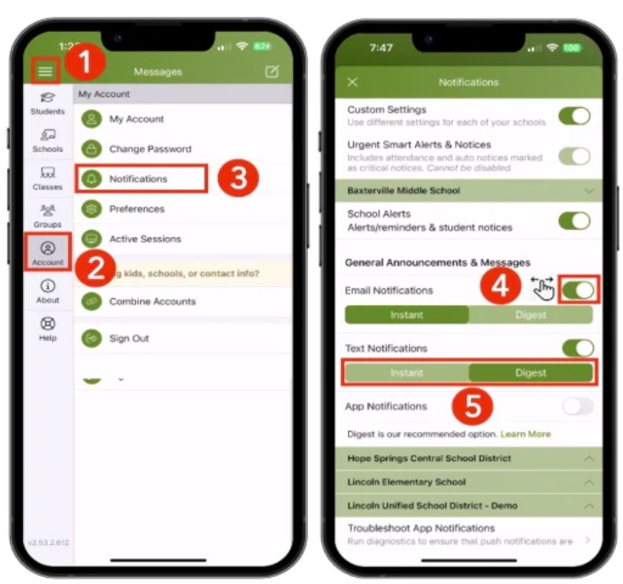 Two smartphone screens display app settings, highlighting notification options.