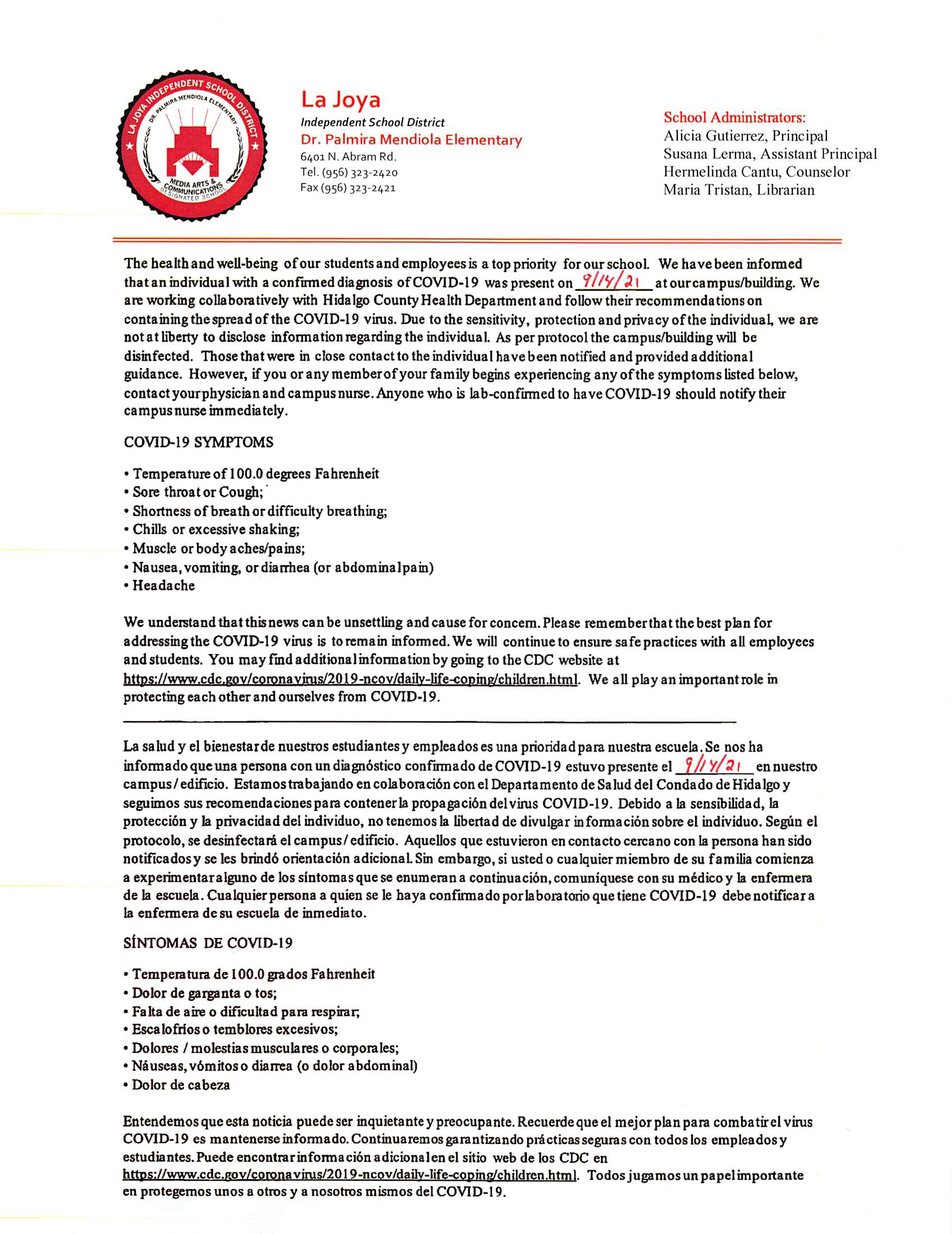 Dr. Palmira Mendiola Elementary - Covid-19 Updates
