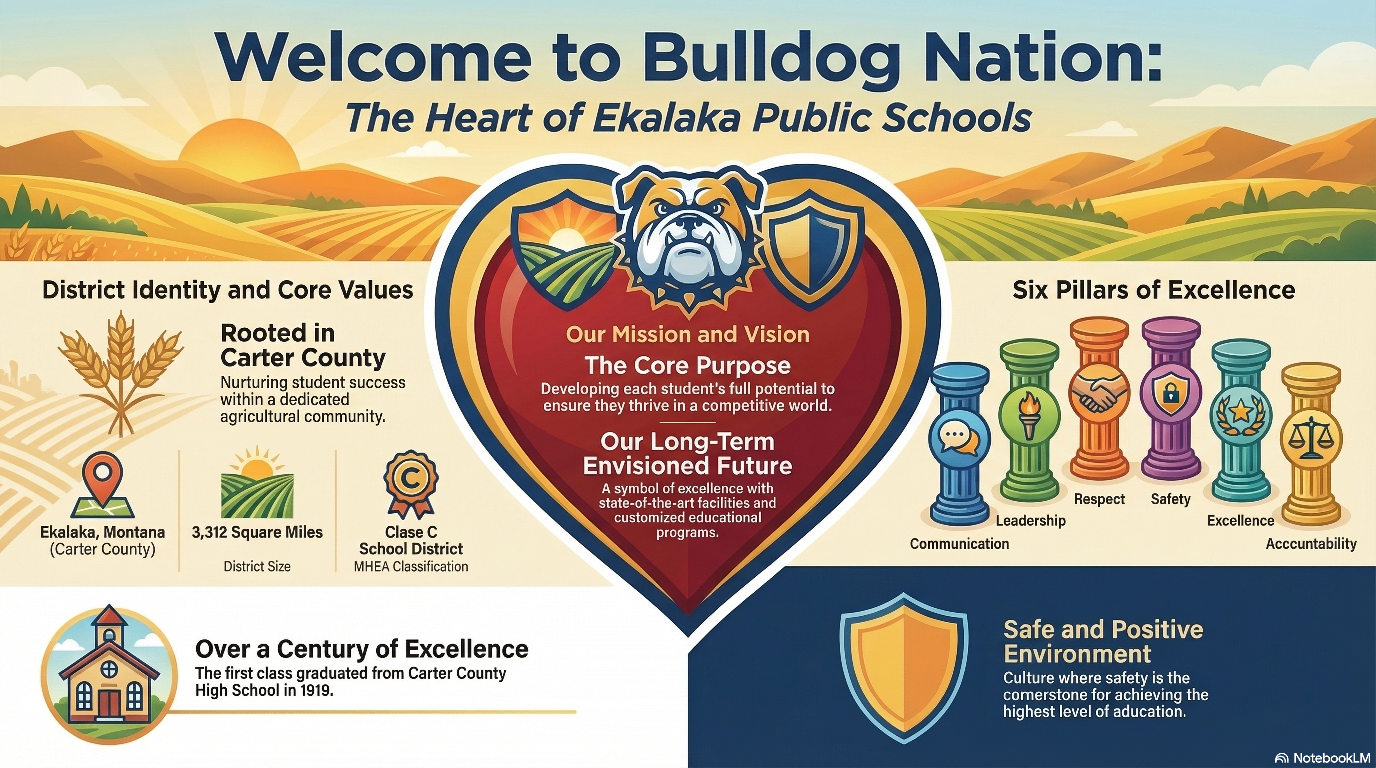 A colorful graphic welcomes viewers to Bulldog Nation, highlighting Ekalaka Public Schools.