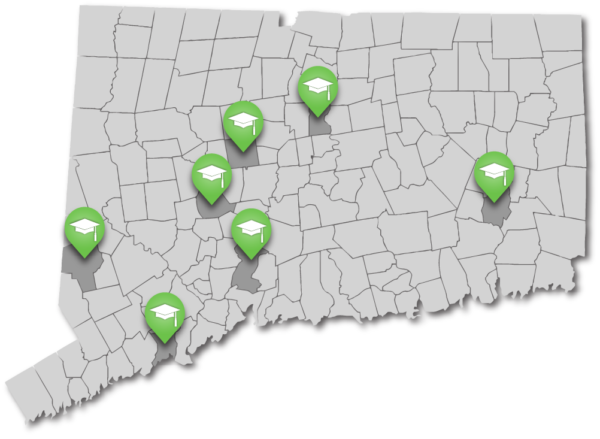 Map of Connecticut with six green location markers, each featuring a graduation cap icon.