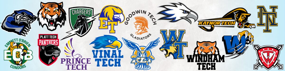 A collage of various school and team logos, featuring animals and stylized letters.