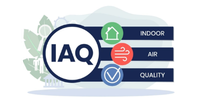 Illustration representing Indoor Air Quality (IAQ) with icons for home, air, and a checkmark.