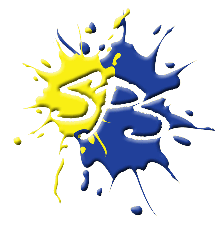 A yellow and blue paint splatter forms the letters 'S' and 'P'.