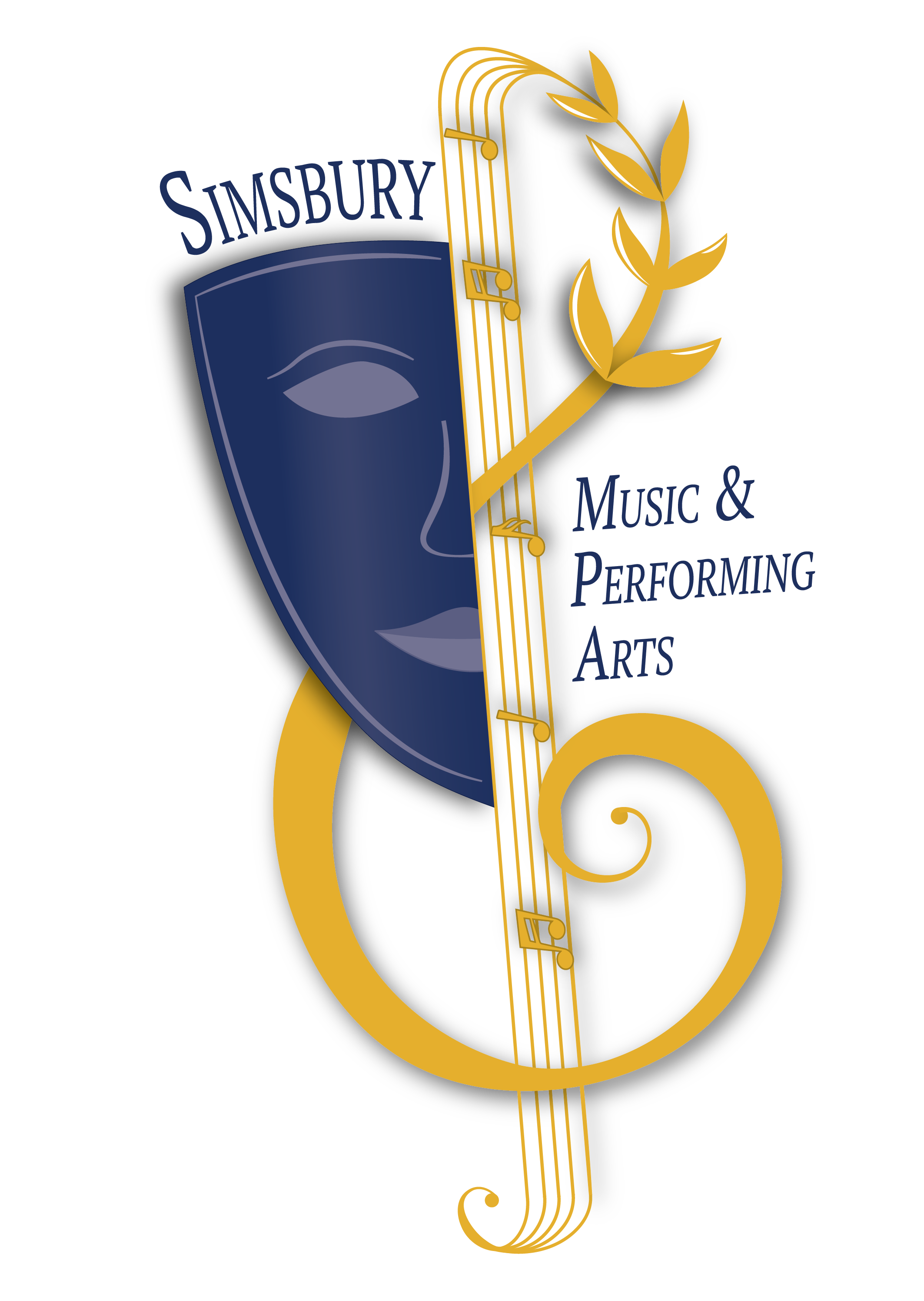 Logo for Simsbury Music & Performing Arts featuring a blue theatrical mask and a golden treble clef with a laurel branch.