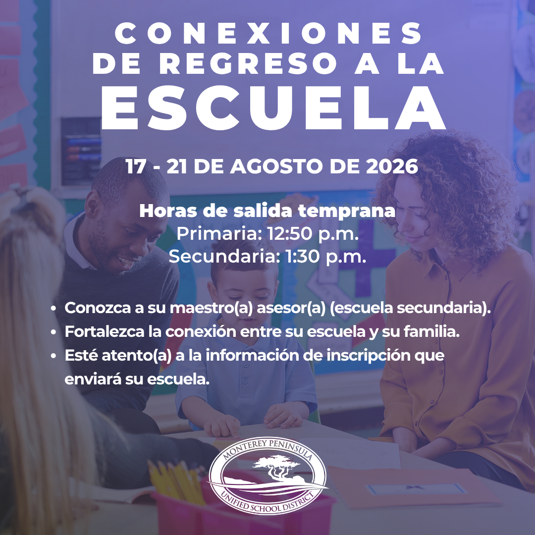 Image promoting "Back to School Connections" event from August 17-21, 2026, with early dismissal times listed.