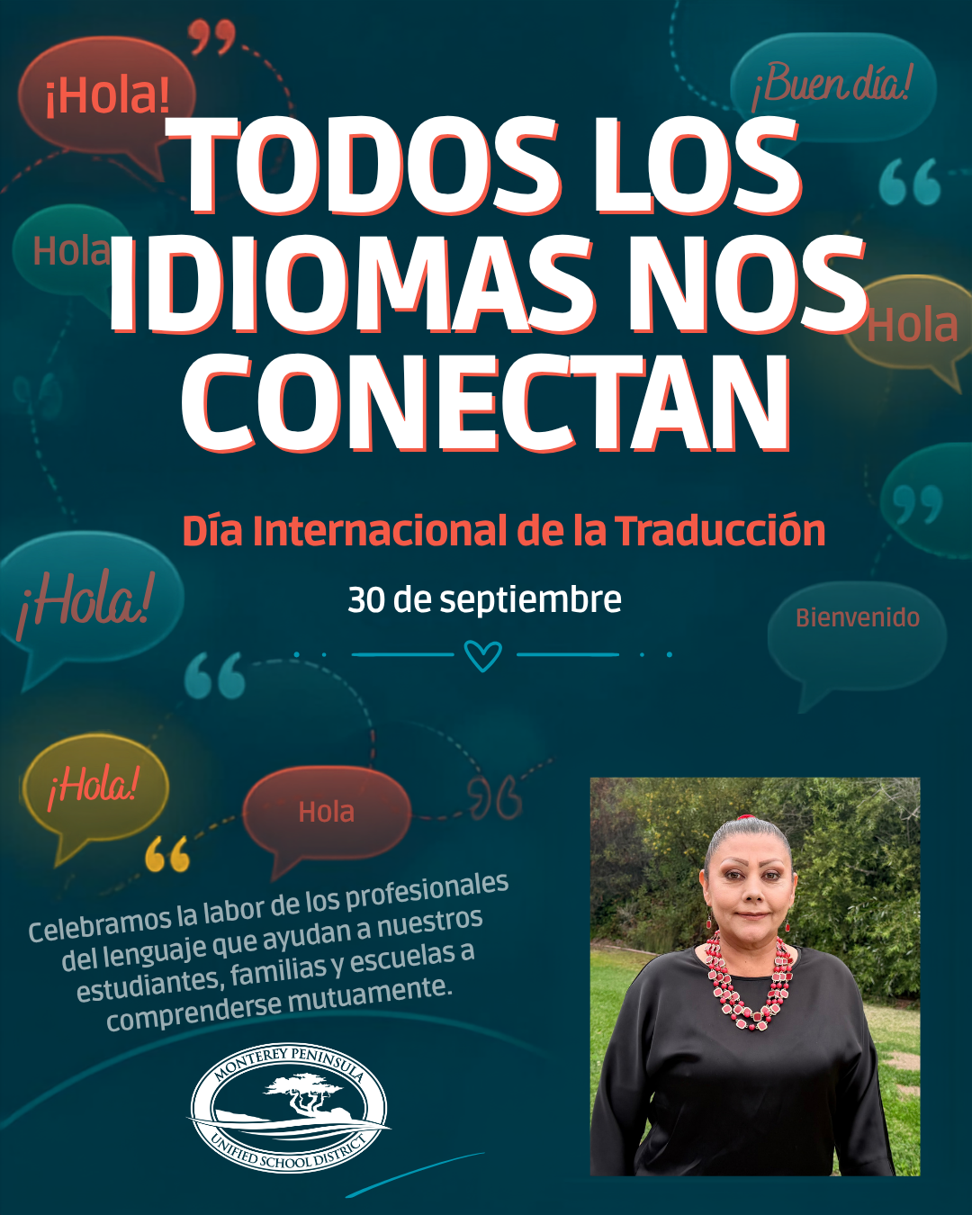 A promotional poster for International Translation Day with the Spanish text "Todos los idiomas nos conectan" and speech bubbles.