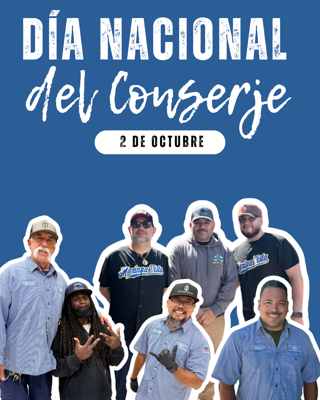 A graphic with Spanish text celebrating National Janitor Day on October 2nd, featuring a group of smiling custodians against a blue background.