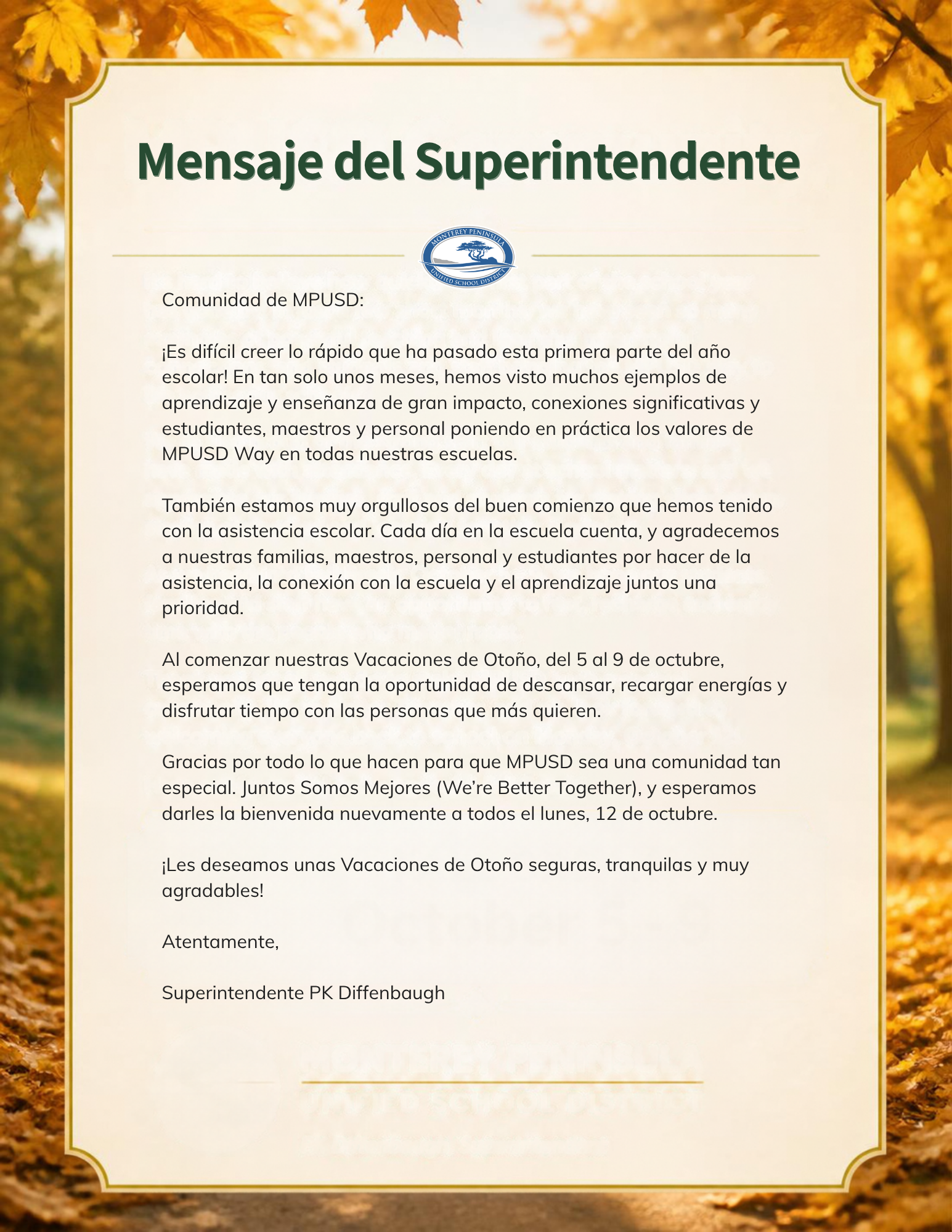 A formal letter in Spanish titled "Mensaje del Superintendente" presented against a blurred autumn leaf background.