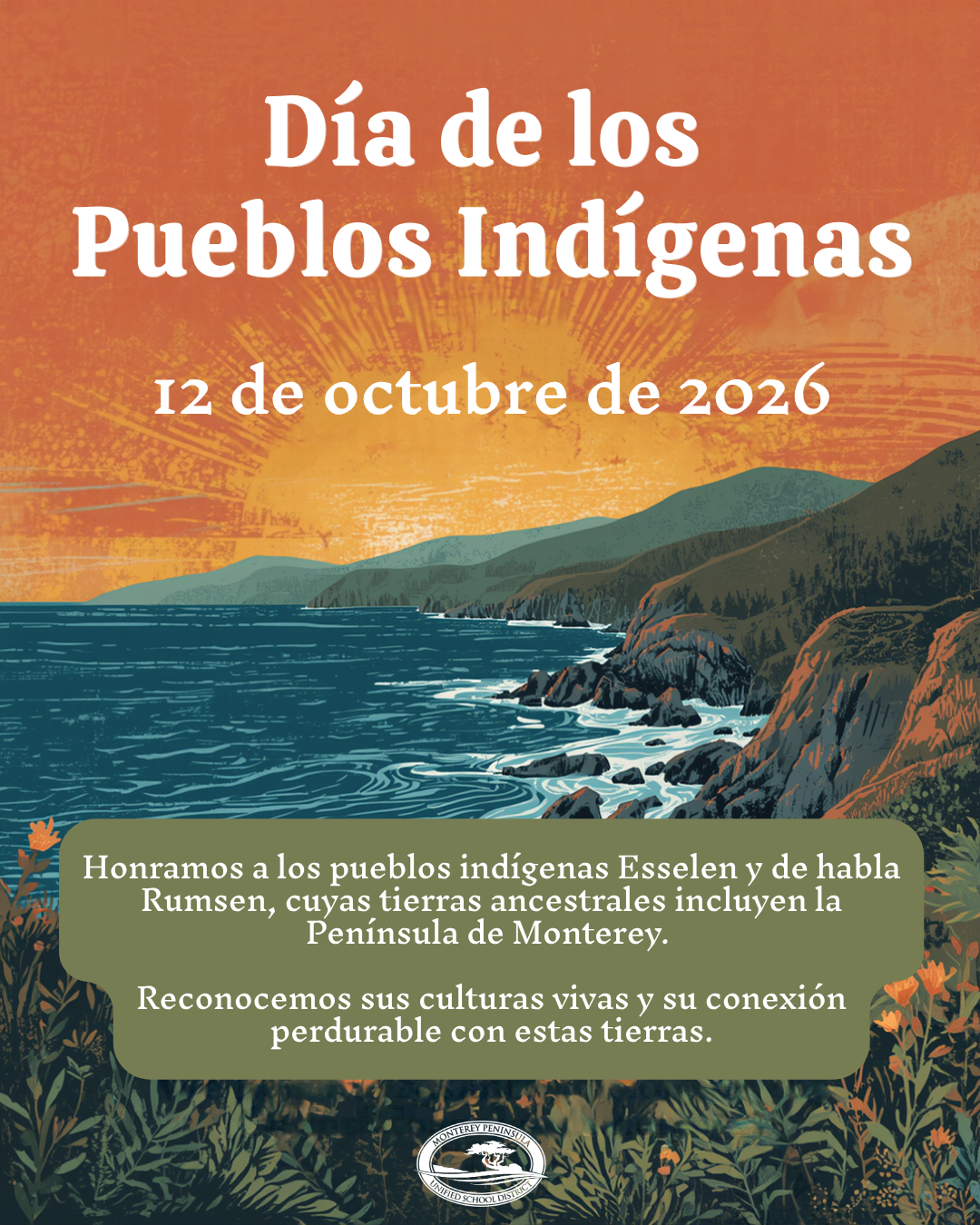 A poster for 'Dundefineda de los Pueblos Indundefinedgenas' on October 12, 2026, featuring a coastal landscape at sunset.