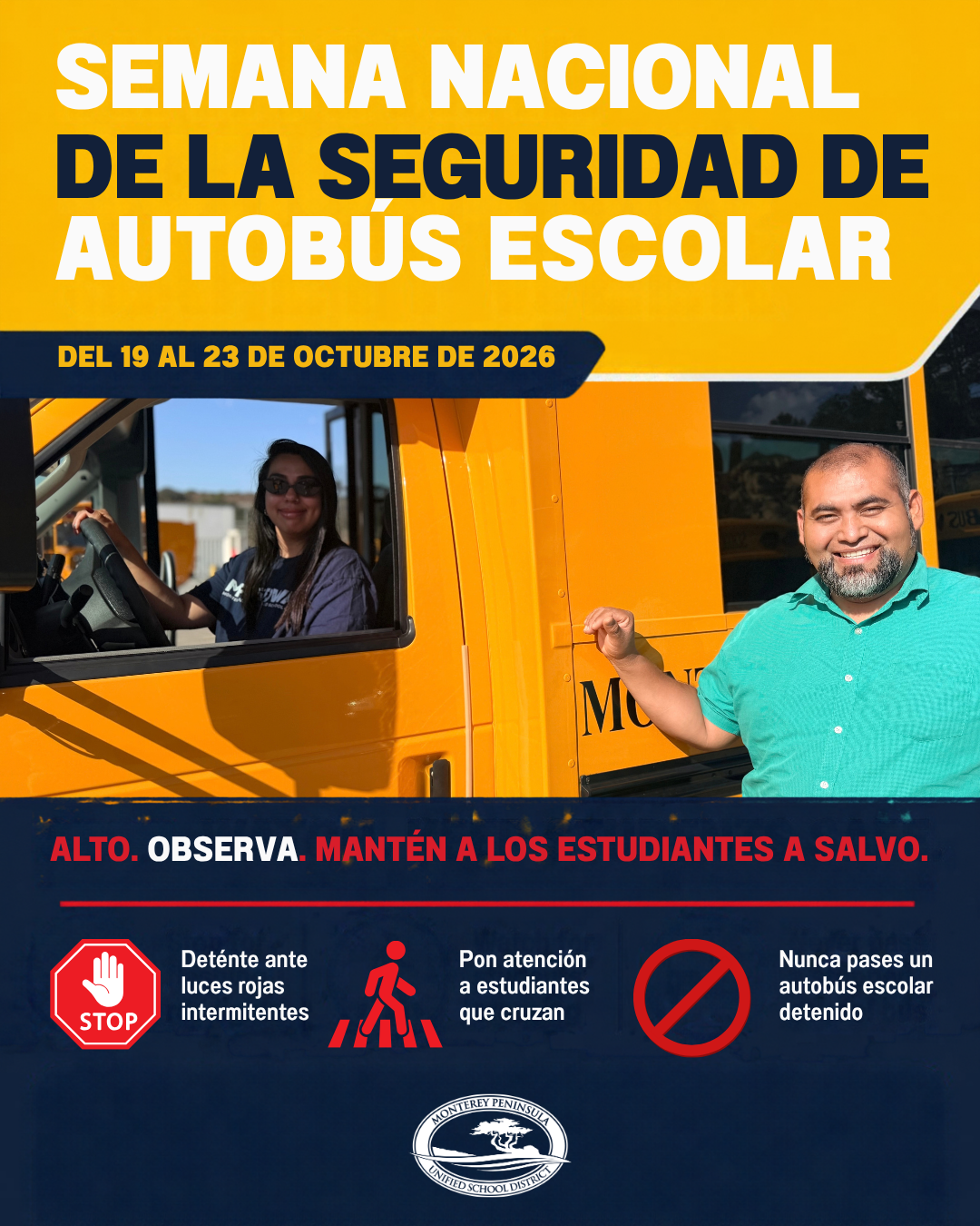 A poster for National School Bus Safety Week features a smiling bus driver inside a yellow school bus and another smiling person standing beside it.