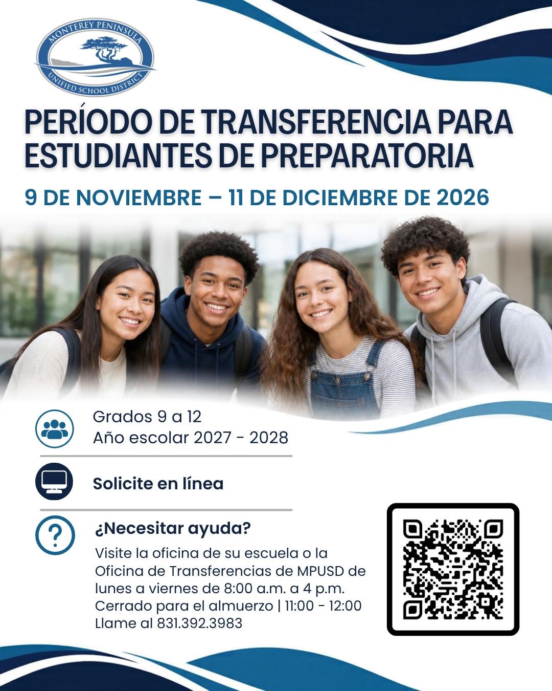 A flyer announcing the high school student transfer period from November 9 to December 11, 2026, featuring four smiling students and a QR code.
