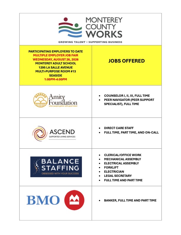Monterey County Works flyer listing job opportunities and partner organizations.