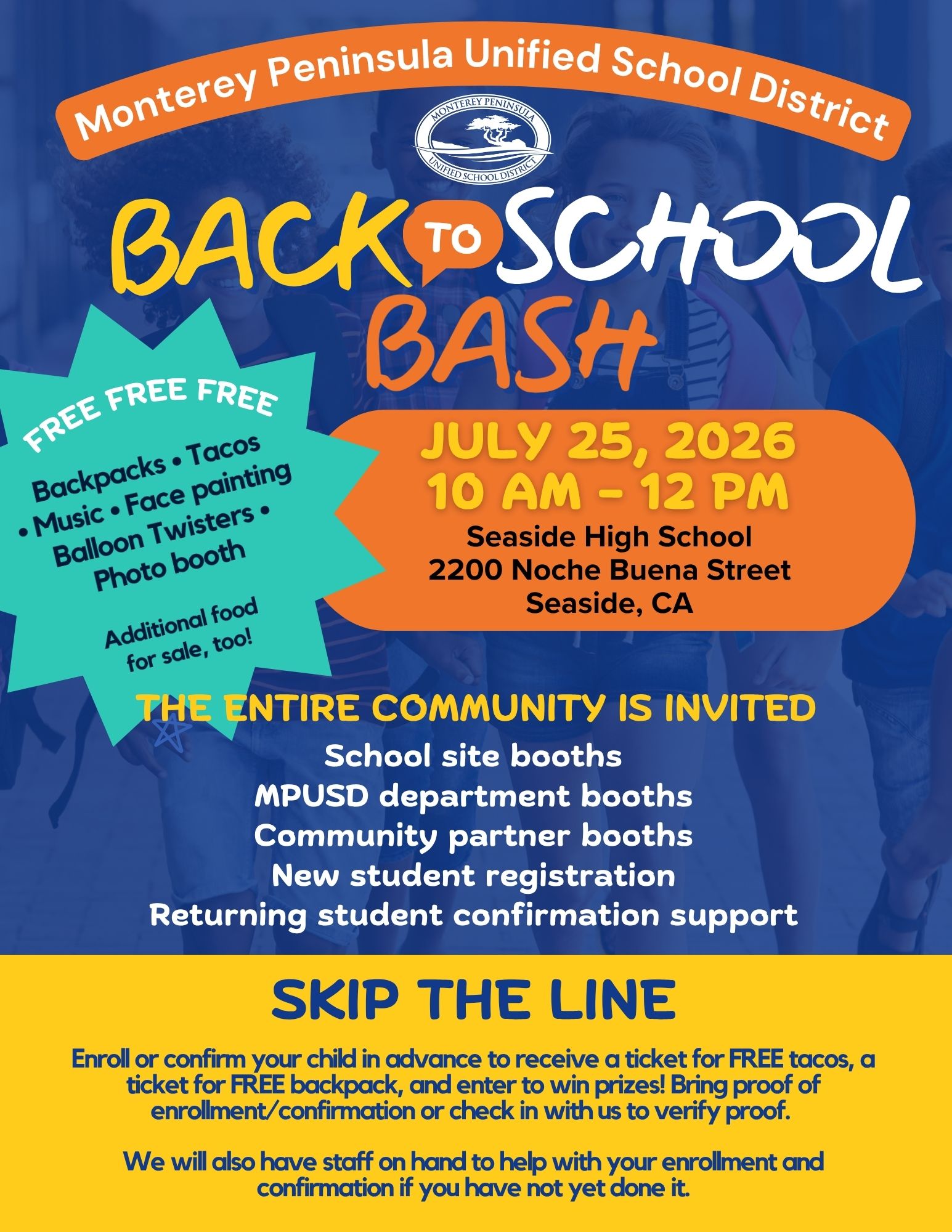 Poster for the Monterey Peninsula Unified School District's 'Back to School Bash' on July 25, 2026.